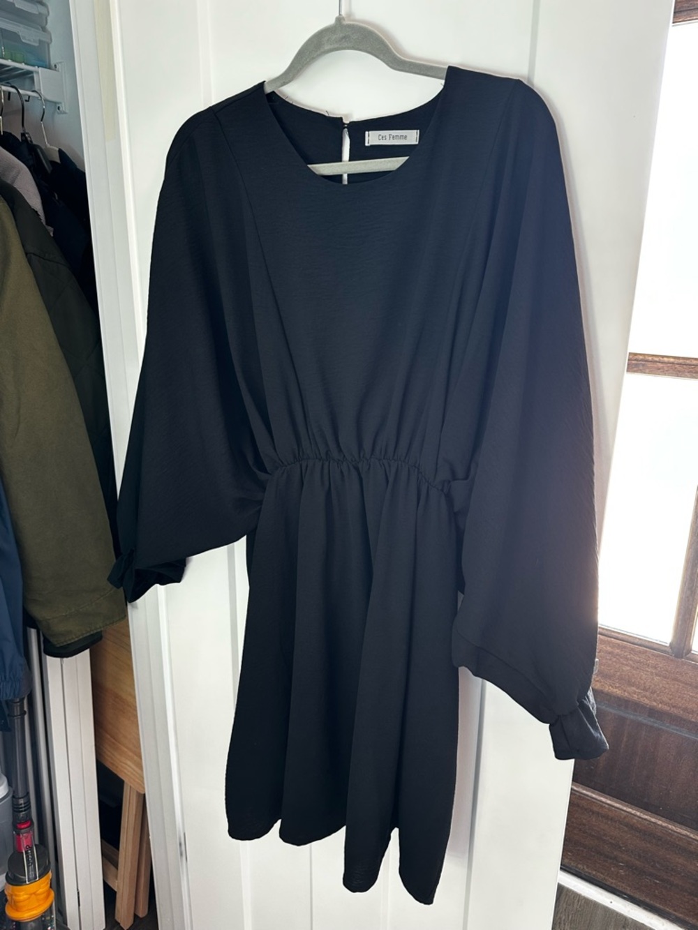 Ces Femme Black Long-Sleeve Gathered-Waist Mini Dress